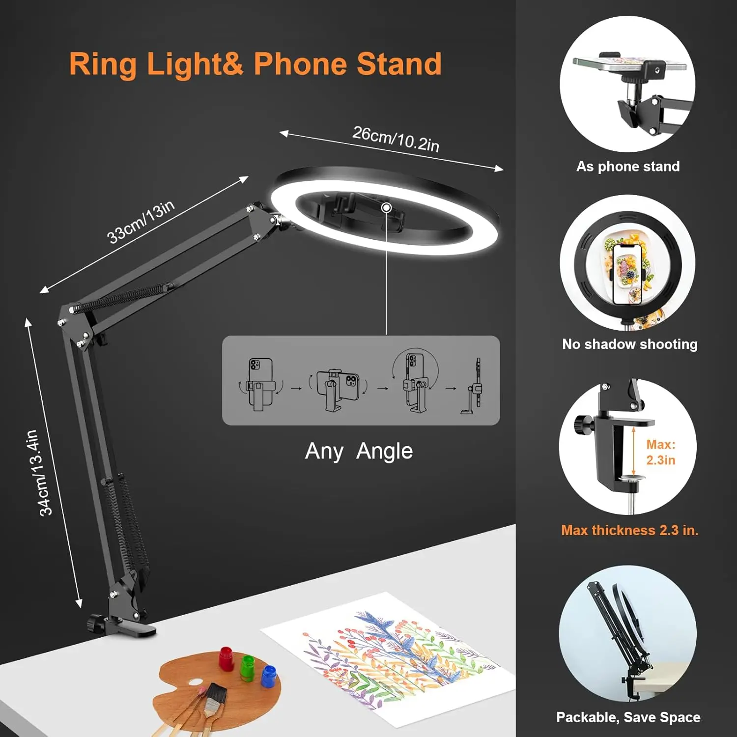 Ring Light Overhead Phone Mount LED Selfie Light with Stand and Phone Holder，LED Desk Light for Video Recording, Live Streaming