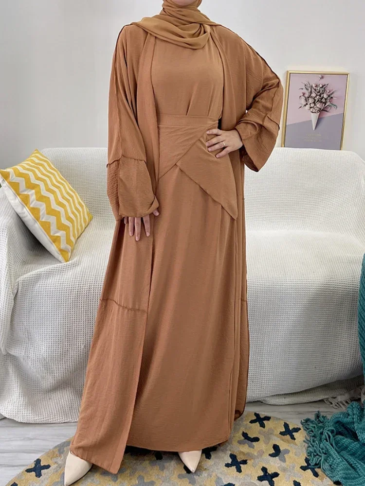 Muslim Woman Set 3 Piece Open Abaya Hijab Dress Wrap Skirt Dubai Turkish Prayer Modest Islamic Clothing Sets Ensembles Musulmans