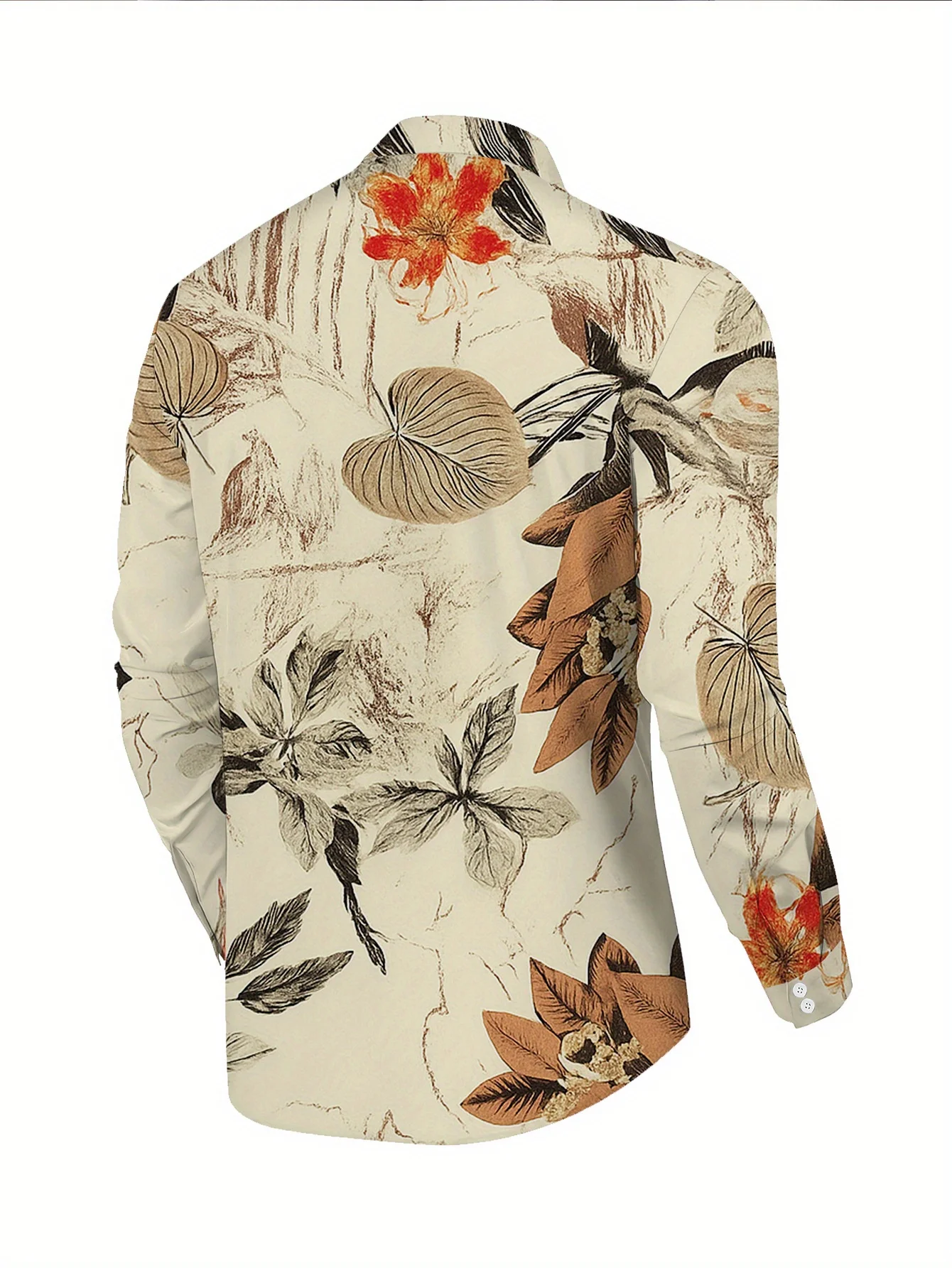 Men Lapel Collar Shirt Cream Base Sepia Tone Fall Foliage Bird Sketch Graphic Polyester Long‑Sleeve Top