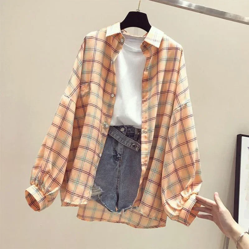 Vintage Plaid Shirts Women Autumn Long Sleeve Oversize Button Up Shirt Korean Fashion Casual Fall Outwear Tops Blusas Mujer 2024