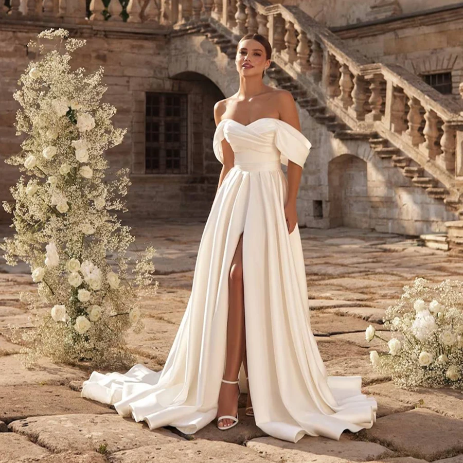 

Popular Pleat Sweetheart A Line Wedding Dresses Front Slit Vestido De Noiva Satin Bridal Gowns For Women Factory Customized