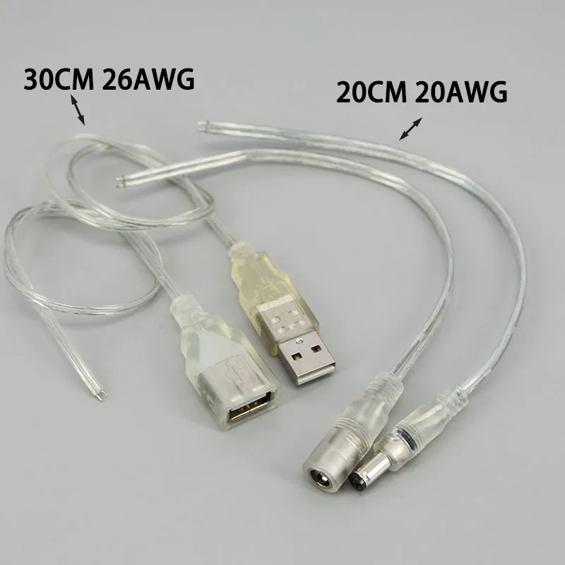 DC USB Male Female Power Adapter transparent Pigtail Cable 5.5x2.1mm Barrel Jack Connector extend Cord For LED Strip neon lamp L