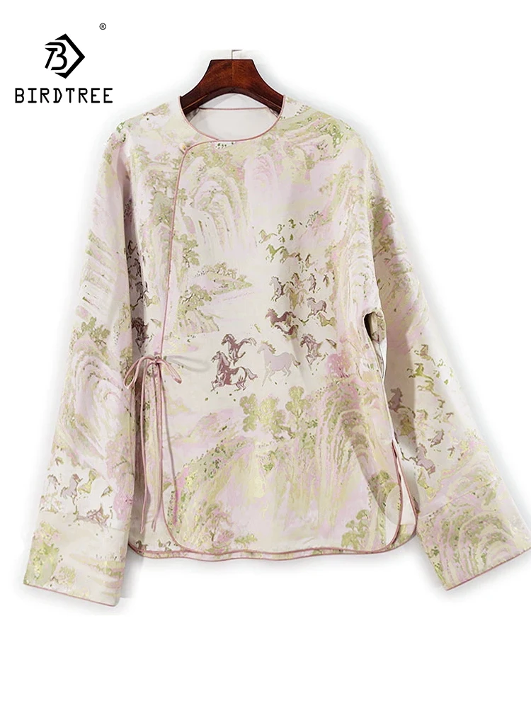

Элегантная шелковая рубашка BirdTree-Song из парчи, женская жаккардовая блузка с круглым вырезом на шнуровке, свободная блузка в стиле ретро, осенняя новинка 2023 года T59889CC