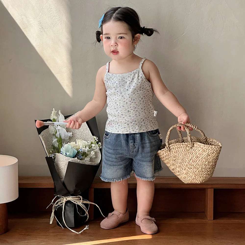 2026 New Baby Girls Summer Korean Style Floral Print Camisole Sweet Fresh Sleeveless Tops Cute Casual Outdoor Wear Toddler Kids