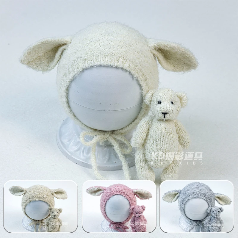 Cappello lavorato a maglia neonato + bambola orsacchiotto 2 pezzi / set Puntelli per fotografia Orsacchiotto fatto a mano lavorato a maglia Stuffer per bambini Giocattolo animale Studio fotografico Prop