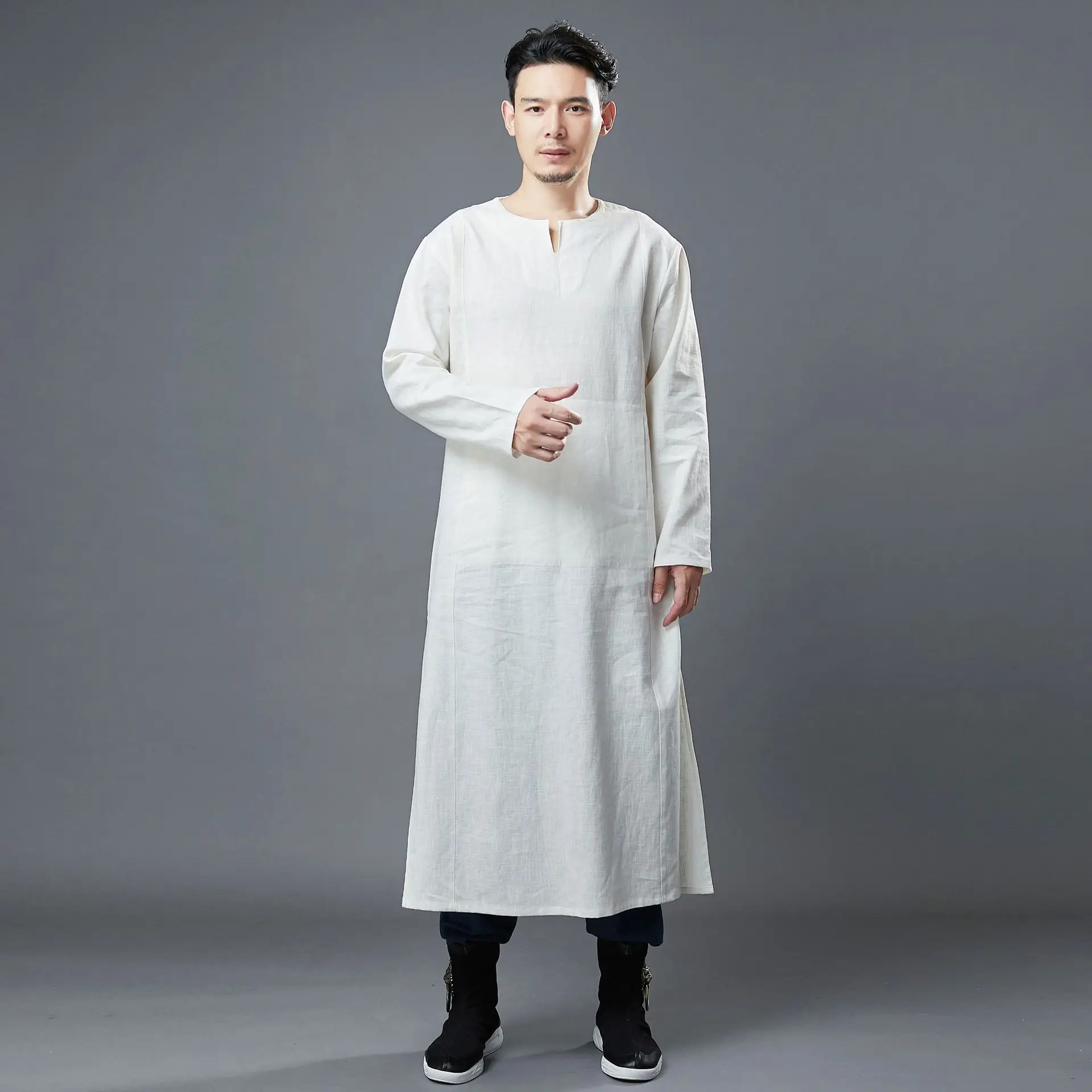 

Cotton Linen Men's Robe Ramie Collar Tai Ji Suit Martial Arts Kung Fu Performance Pure Color Split Zen Tea Clothes