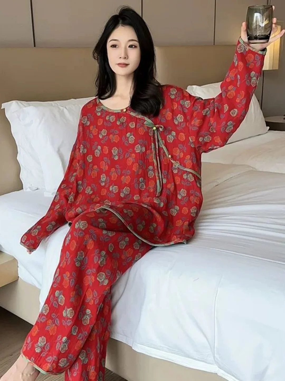 Retro Floral Print Sleepwear Set Women's Long Sleeve Long Pants round Neck Home Clothes Slimming Outfit plus Size Comfortable