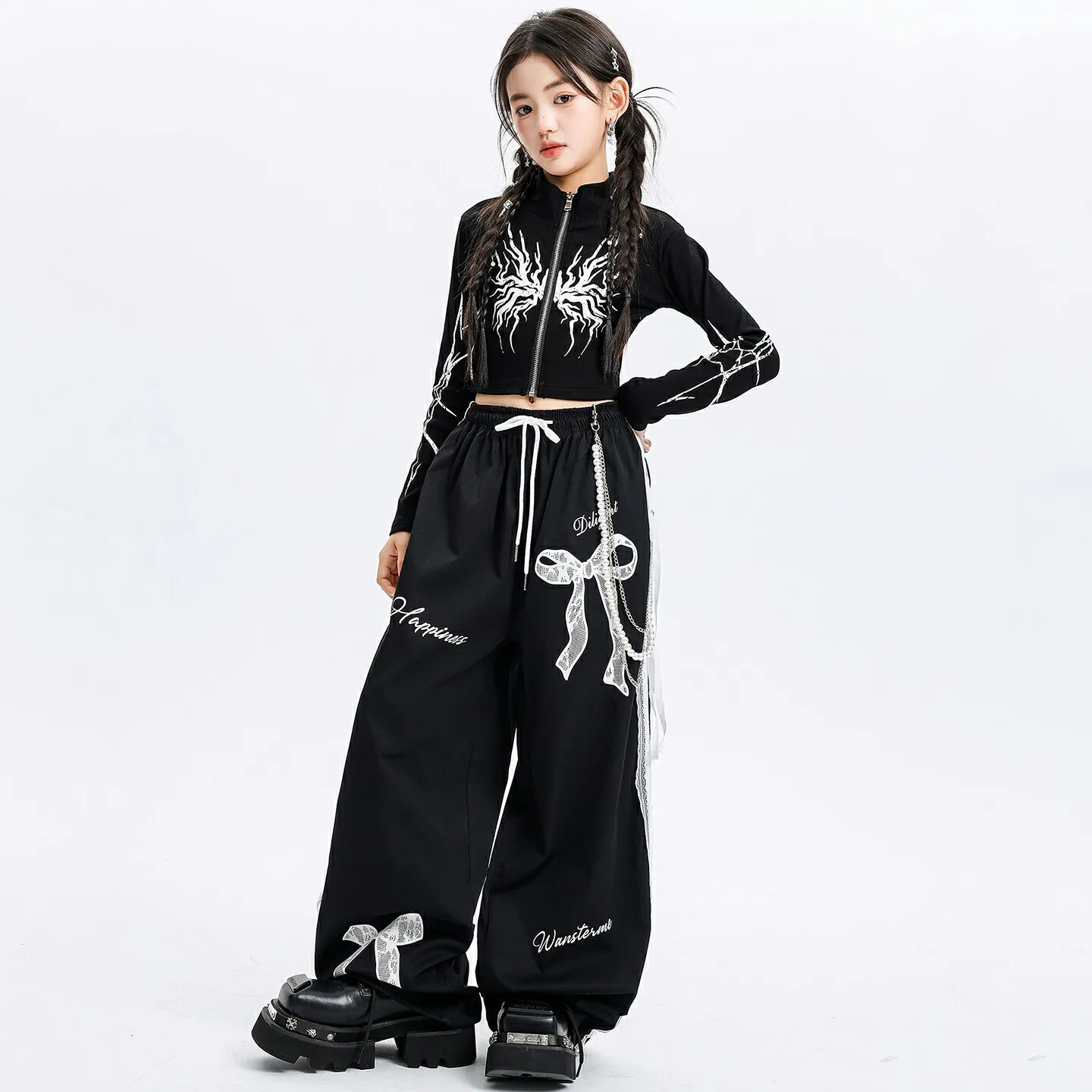 Kids K-pop Cool Crop Jacket Loose Sweat Pants Girls Hip Hop Street Dance Clothes Sets Children Girl Group Streetwear Costumes 4