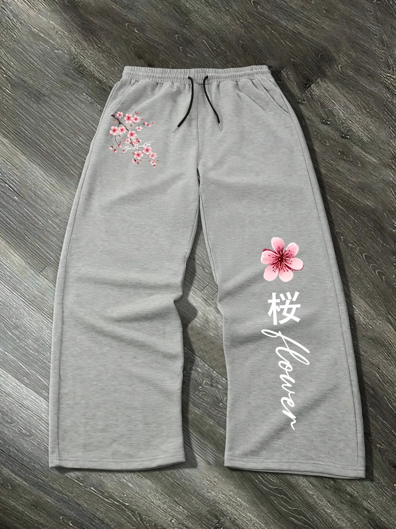 Men's Autumn Cherry Blossom Print Straight-Leg Fleece Sweatpants Casual Stylish and Versatile Suitable for Sports and Daily Wear