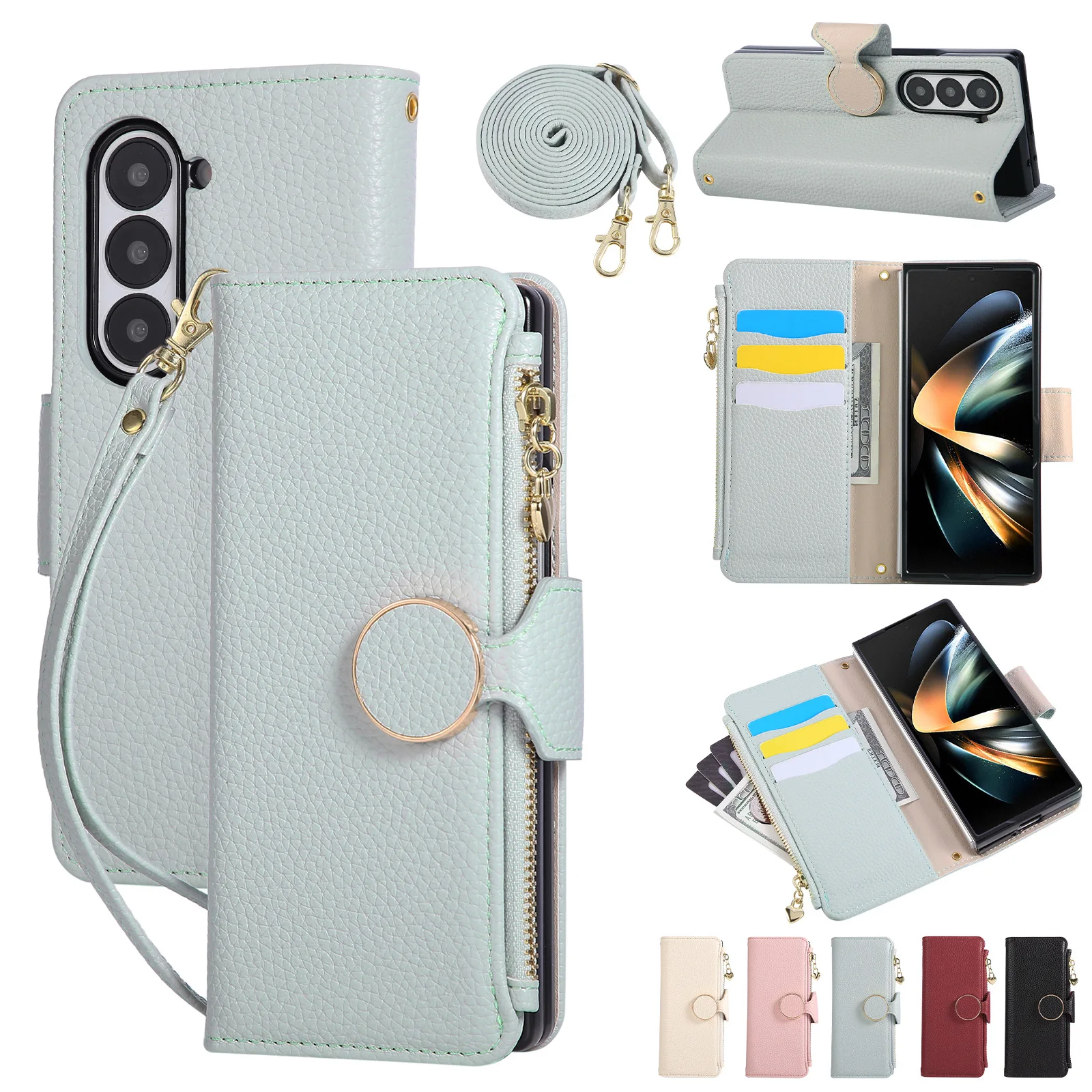 Suitable for Samsung Zfold7 Lychee Pattern Artificial Leather Case and Zflold6 Women's Multi-functional Wallet Shell