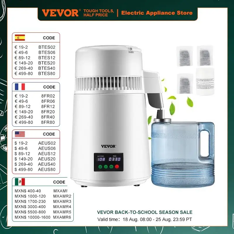 

Водяной дистиллятор VEVOR 4L, 1 л/ч, установка для изготовления воды с таймером и дисплеем температуры, столешница из нержавеющей стали 304 для офисных домов, белая