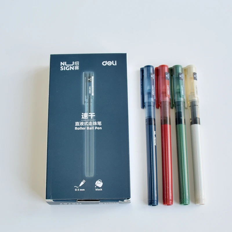 12PCS Box Deli Nusign NS767 Direct Liquid Roller Ball Pen 0.5mm Full Needle Tip Black Gel Ink 4 Colors School Office Liquid Pen
