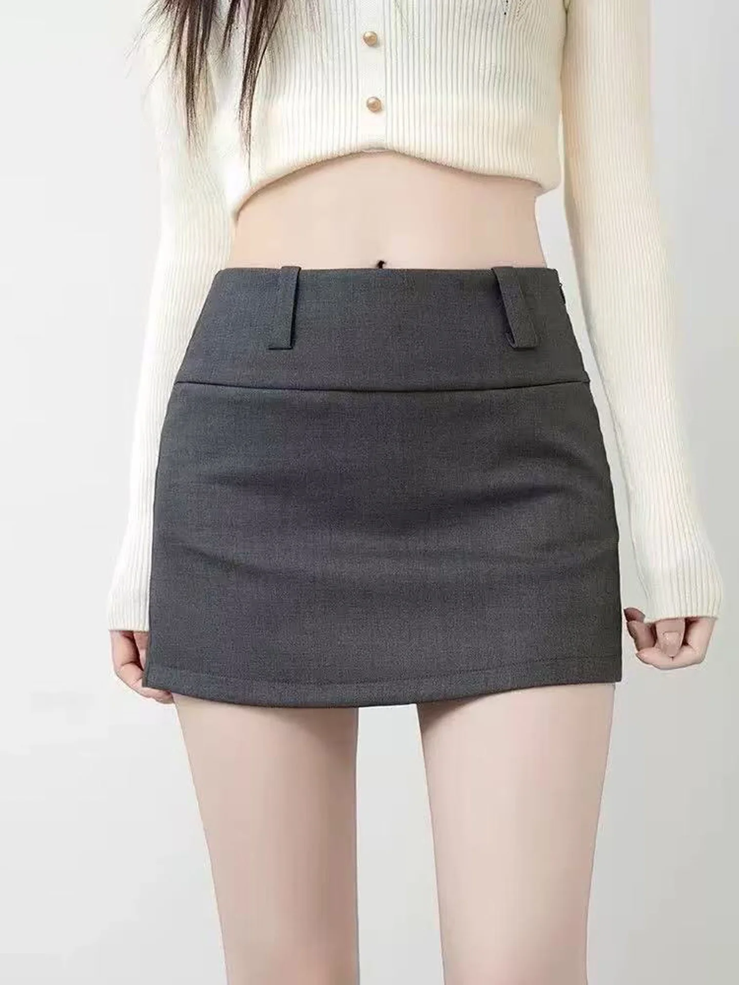 Gray High Waist A-Line  Skirt Women's Suit Short Skirt Anti-Light Walking Slimming Sexy Butt Covering Skirt Korean Style