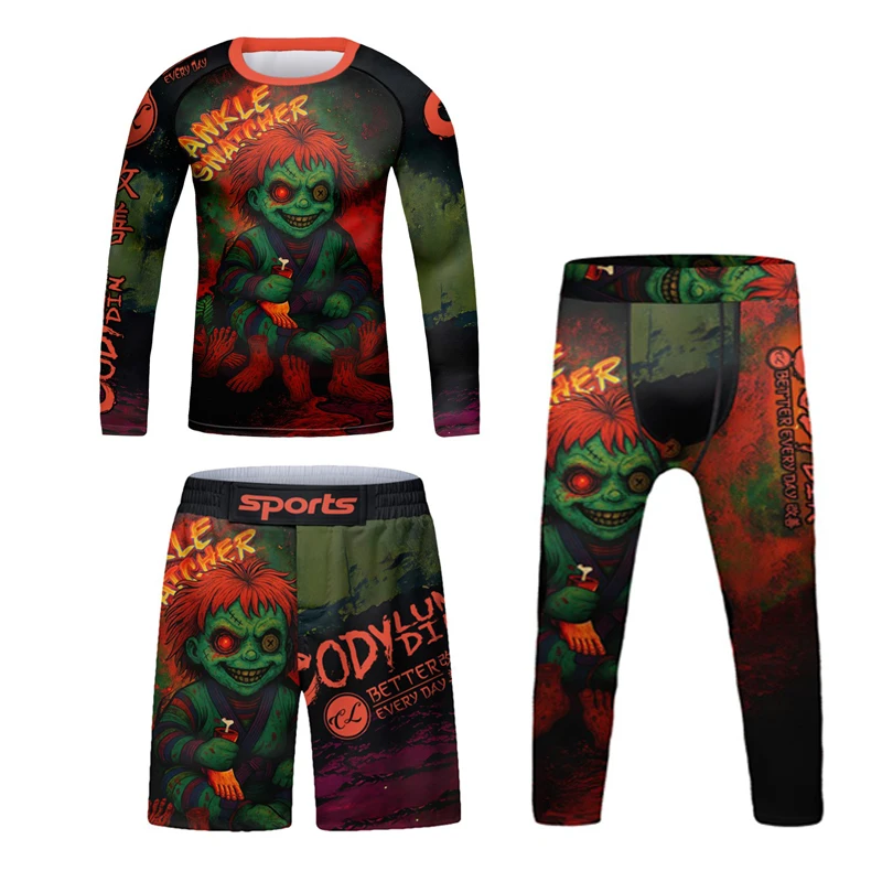 Kids MMA Jiu Jitsu Rashguard T-shirt+Pant Tights 4Pcs/Set Children Bjj Gi Wrestling Boxing Jerseys Boy Muay Thai Shorts Clothing