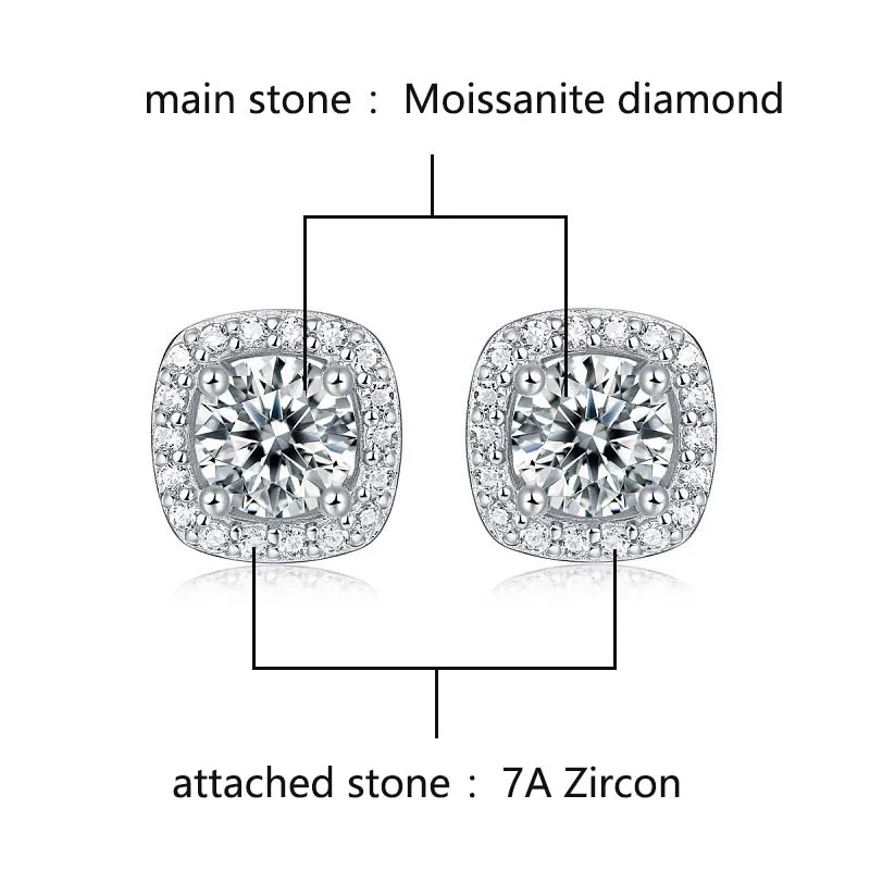 Moissanite diamentowe kolczyki stałe prawdziwe 1 Carat D kolor 100% 925 srebro kwadratowe Ear Stud dla mężczyzn kobiety Party Fine Jewelr