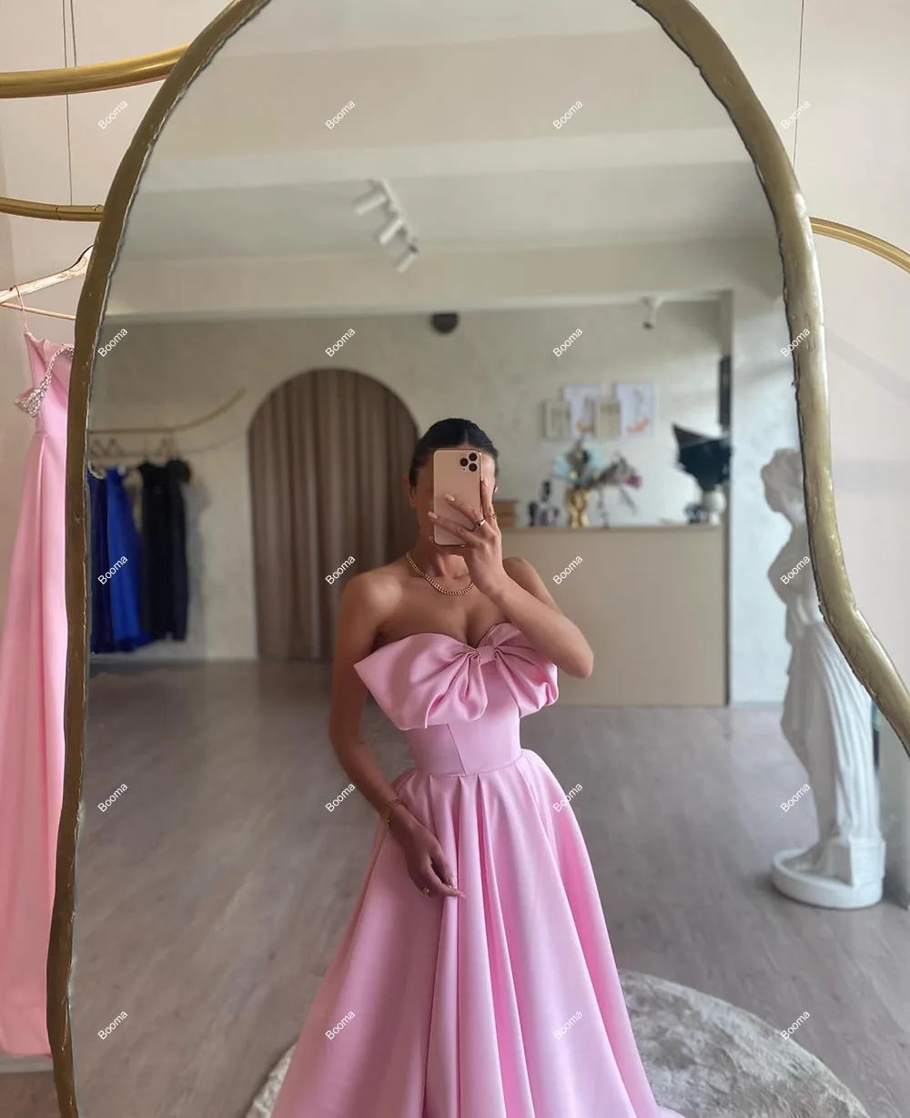 Booma A-Line Pink Evening Dresses Strapless Sleeveless Satin Wedding Party Gowns with Big Bow Formal Occasion Gowns for Women