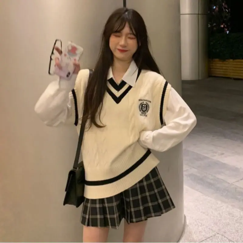 Summer Autumn New Two Piece College Style women's Korean Spring New shirt+vest sweater+pleated Skirt Student Korean Uniform