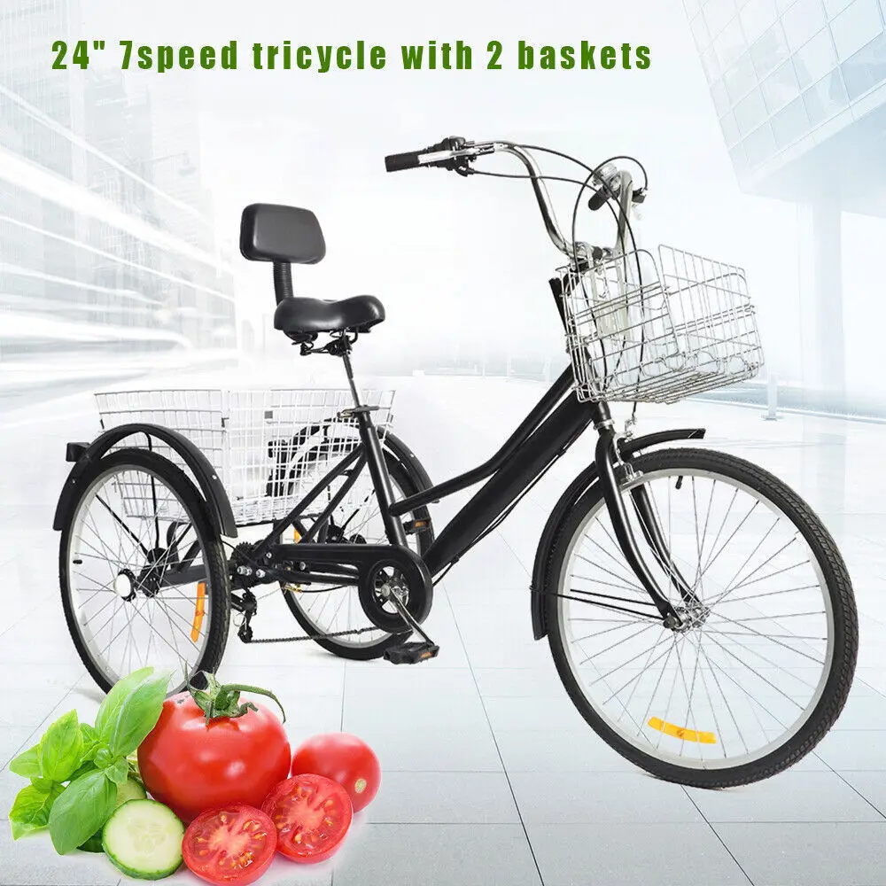 24 inch Tricycle for Adults 3-Wheel 7-speed  Bicycle Rickshaw Bike with Shopping Basket and Front Frame Storage Rack