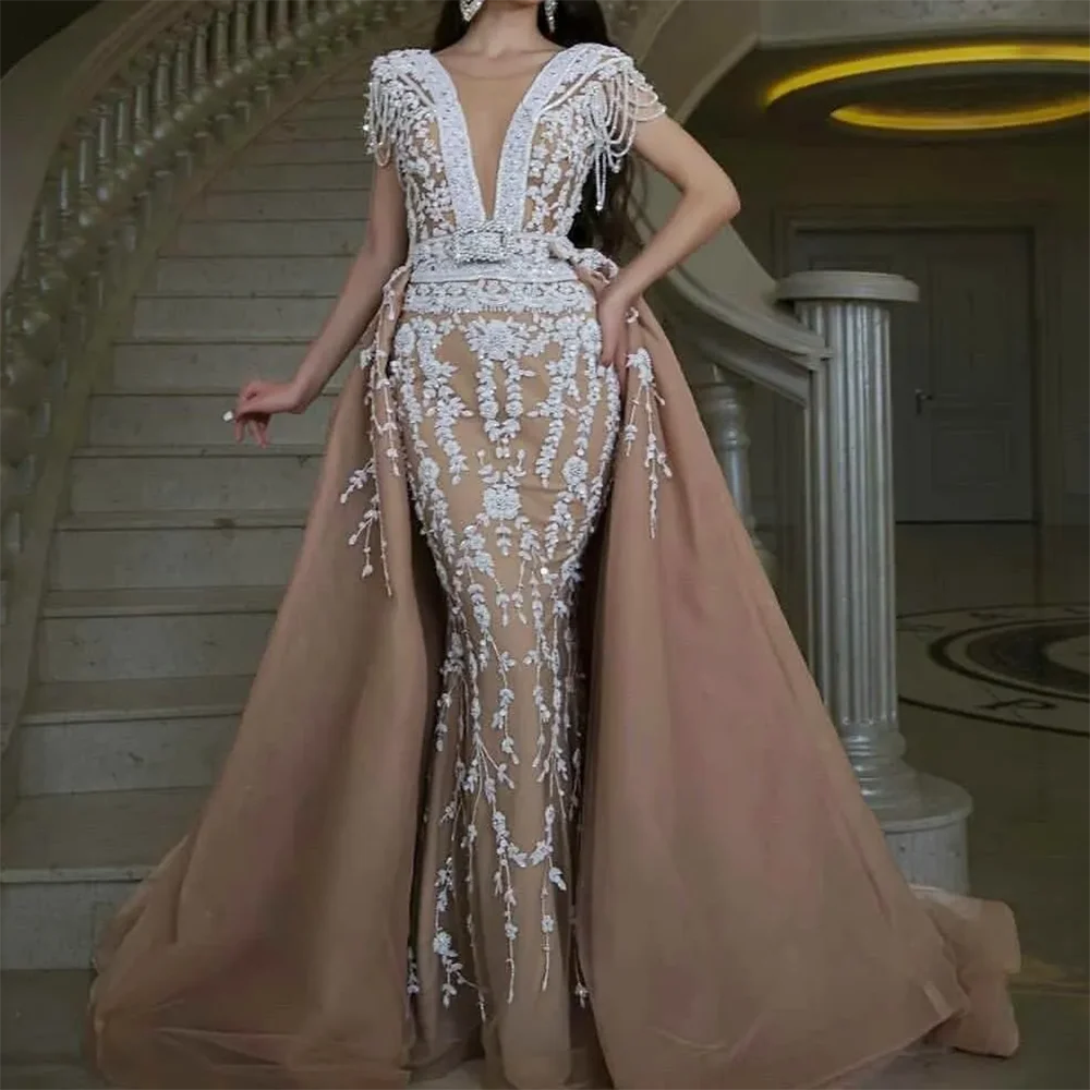 

Luxury V-Neck Appliquins Beading Mermaid Formal Evening Dresses Birthday Party Prom Gowns Customized