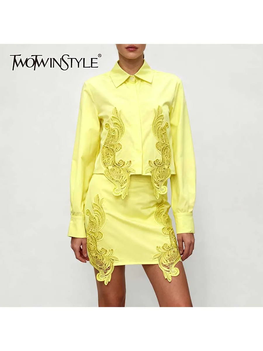 

TWOTWINSTYLE Hollow Out Spliced Embroidery Two Piece Sets for Women Lapel Long Sleeves Top High Waist Mini Skirt Set Female New