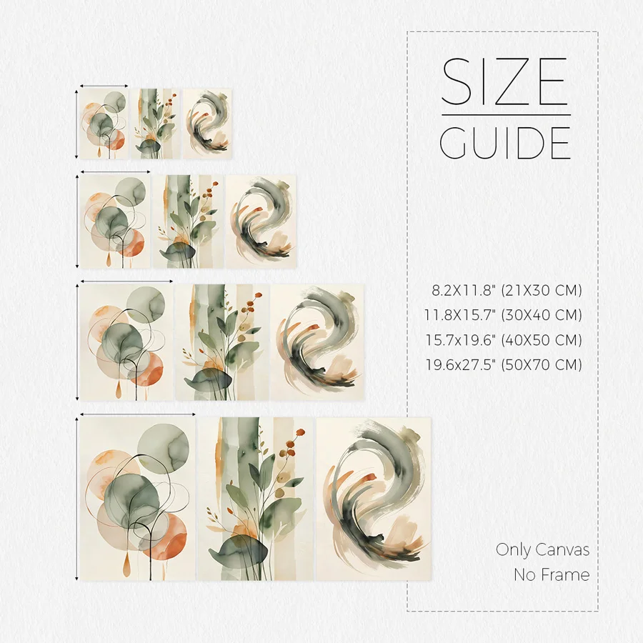 3-Piece Set, Beige & Gray-Green Abstract Watercolor Wall Art, Plant and Geometric Patterns for Living Room Decoration, Japanese Wabi-Sabi Zen Wall Decor, Modern Minimalist Frameless Poster, Nature-Inspired Home Decor, Canvas Painting Suitable for Bedroom, Office, Dormitory