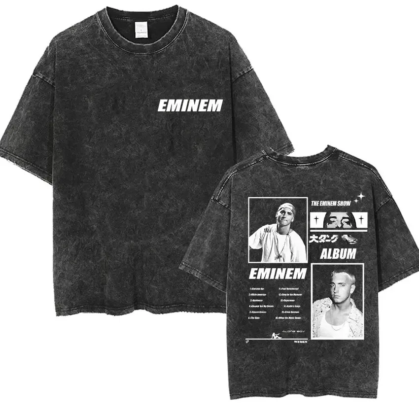 Camiseta Masculina de Manga Curta Estilo Hip-Hop Gótico Eminem The Marshall Mathers LP Vintage Lavada - Roupa de Rapper de Música Pop