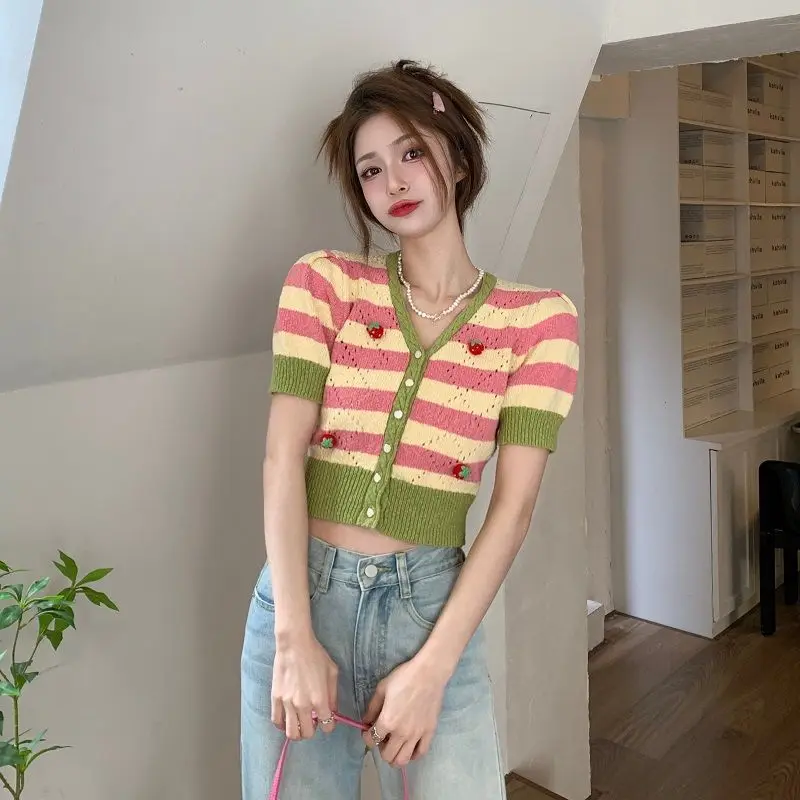 

Women's Striped Short-Sleeve Knit Cardigan Summer Lightweight Cropped Top Y2K New Design V-neck Top Harajuku Shirts