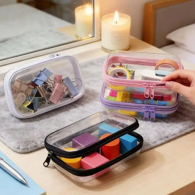 Desktop Zipper Storage Box Transparent Miscellaneous Items Hair Cosmetic Dust-Proof Organizing Box Flip Cover Box Pet Zipper Bag