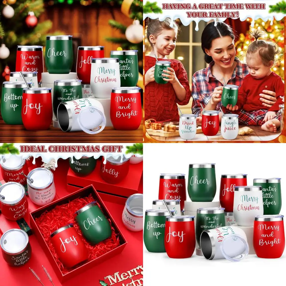 

Набор изолированных стаканов для вина из нержавеющей стали, вакуумные кружки с двойными стенками на 12 унций на Рождество, кофейные стаканы без ножки с Рождеством D