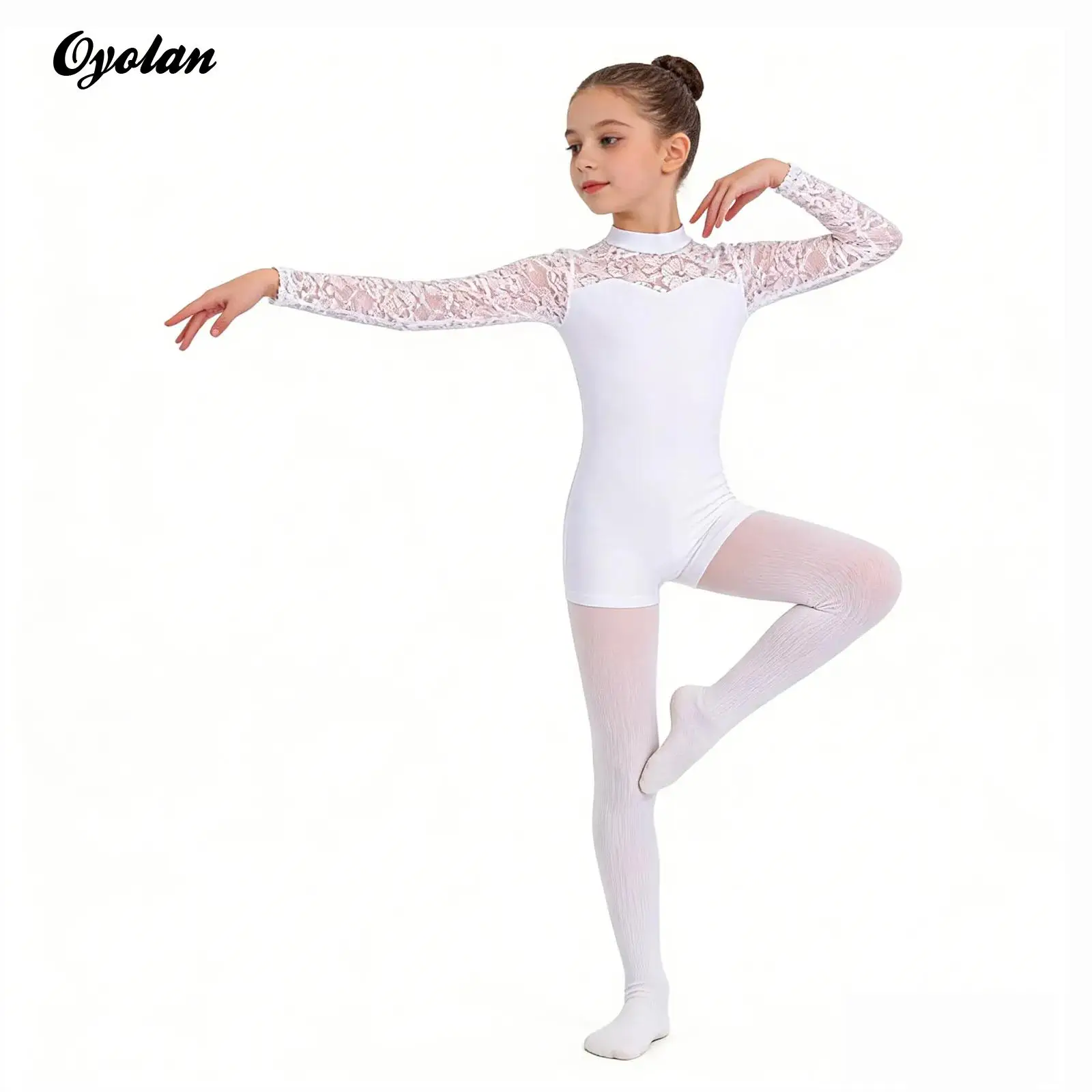 

Kids Girls Gymnastics Leotard Ballet Dancewear Performance Costume Lace Patchwork Long Sleeves Keyhole Back Bodysuit Jumpsuit