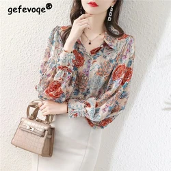 Women Floral Print Vintage Chic Button Up Shirt Korean Fashion Streetwear Loose Blouse Casual Lantern Long Sleeve All Match Tops