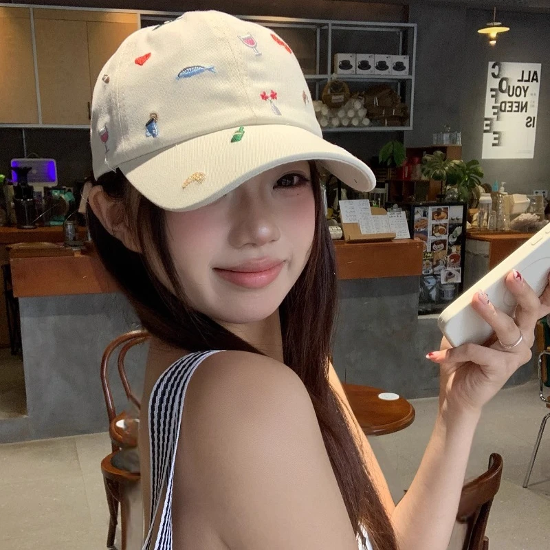 

Cute Cartoon Embroidered Baseball Cap Women's Summer Widened Brim Sun Protection Duckbill Caps Trendy