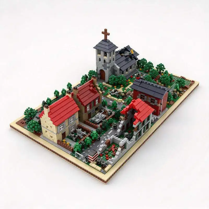 5875PCS Micro Scale Historic War Torn Village Church Diorama Model Custom Creative Building Blocks DIY Educational Toy Gift Set