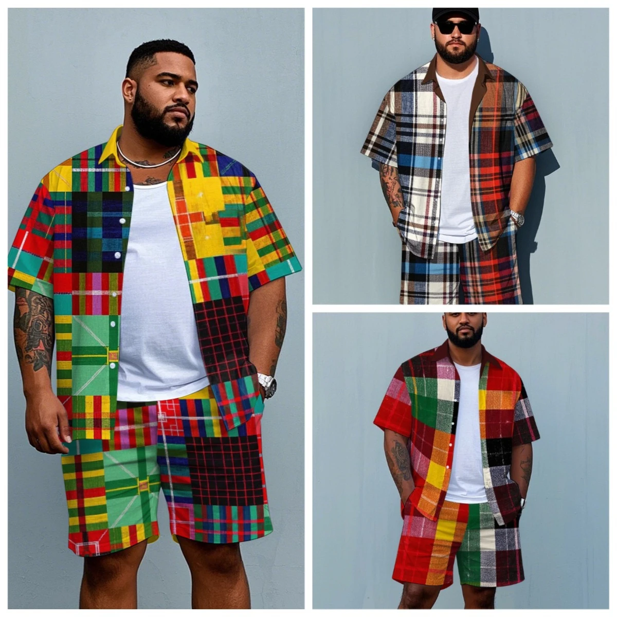 

S-9XL Big and Tall Men Colorful Patchwork Plaid Shirt Shorts Set Multi-Color Casual 2-Piece Outfit