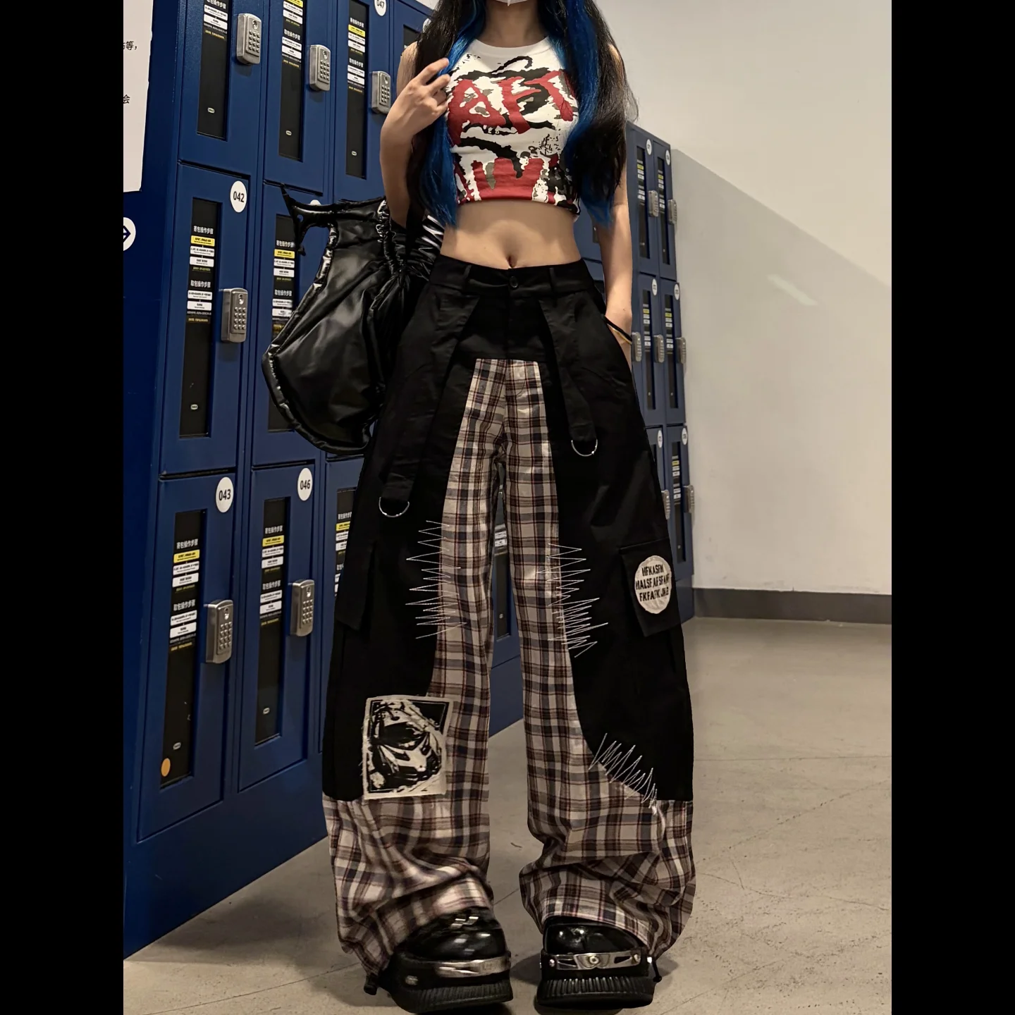 Womens Pink Plaid Straight Leg Cargo Pants Embroidered Applique Edges Deconstructed Panels for Hip Hop Dance Practice