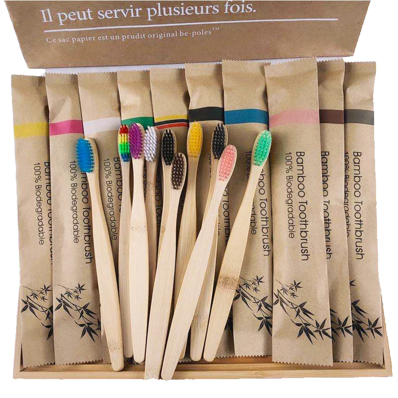 100Pcs Customisable Logo Soft Bristle Bamboo Toothbrush Eco Friendly Wood Tooth Brushes Traveling Teeth Care Tools for Adults