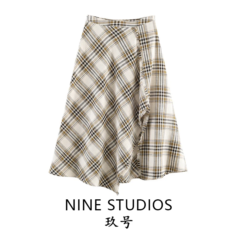 

Повседневная универсальная юбка миди в клетку с высокой талией Nine Zar, женская модная асимметричная юбка с неровным подолом, стандартный крой, полиэстер