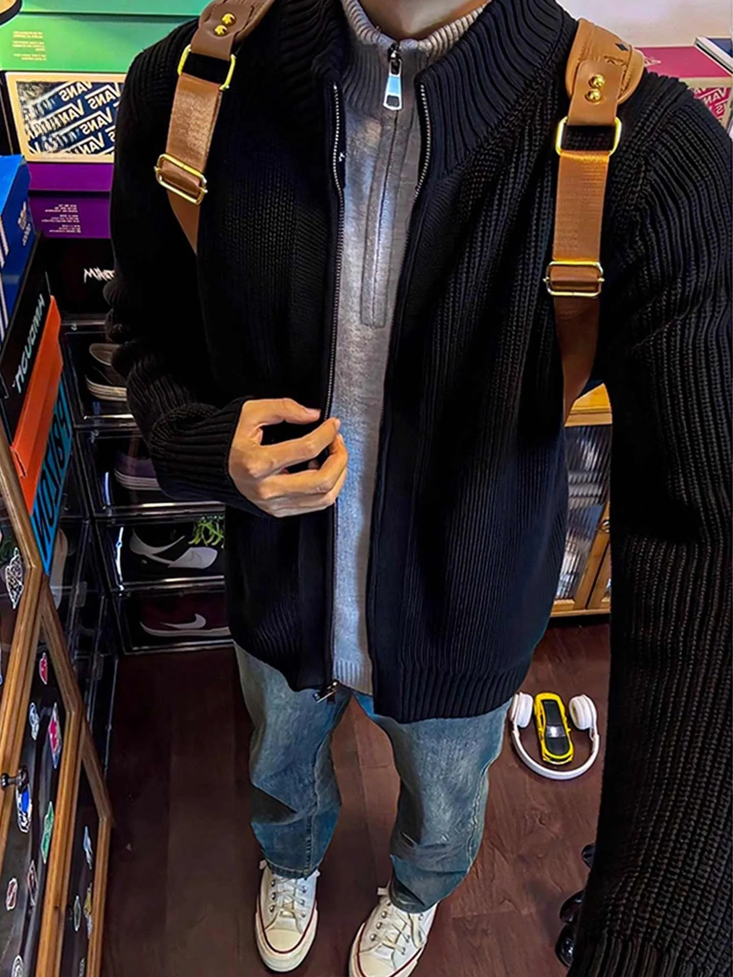 

Bla Cleanfit Stand Collar Knitted Jaet Men's Spring Autumn Lazy Sle Open Cardigan Sweater American Dual Zipper Jaet