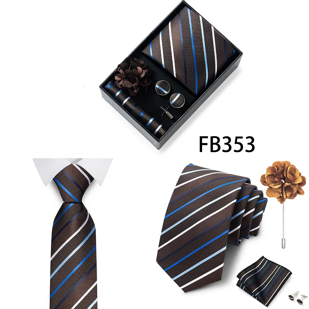 Neues Marken-Mode-Set: 8 cm Krawatte, Einstecktuch, Manschettenknöpfe und Brosche für Herren, Rot-Grau, Hochzeit, Geschenkbox, Passend für Partys – Detail 16