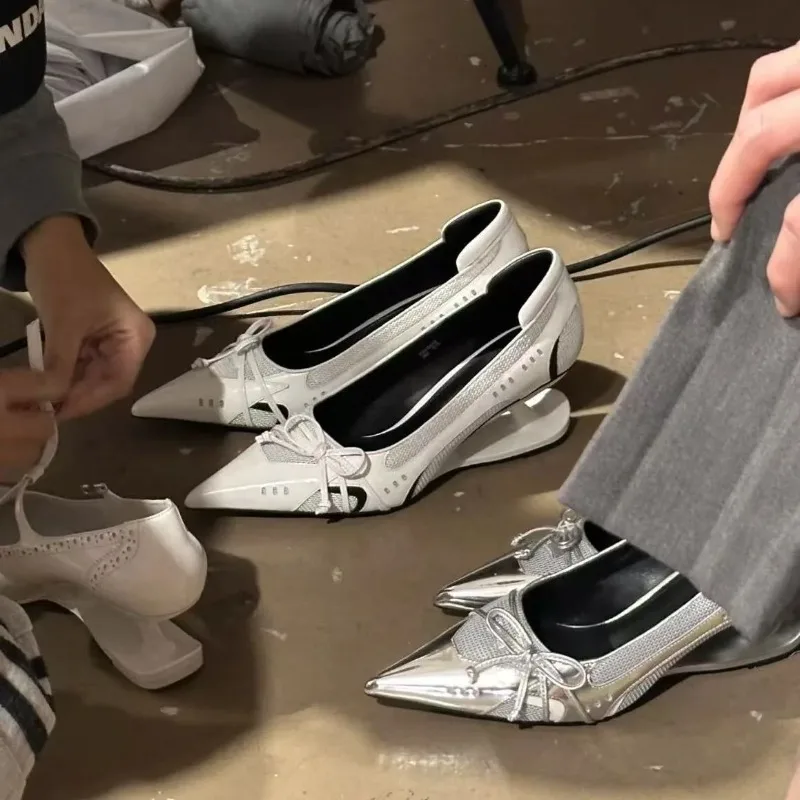 

Womens Pointed-toe High Heels Elegant Bow Shallow Mouth Single Shoe Silver Irregular High Heels Fashion Designer Shoes for Women