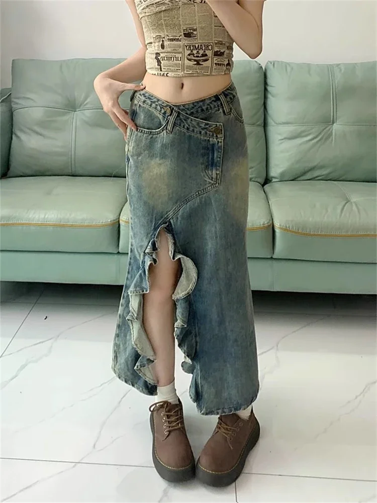 Dames Onregelmatige Ruche Rand Enkellange Denim Rok Cool Girl Vintage Mode Zomer Vrouwelijke Street Style A-lijn Grote Rokken