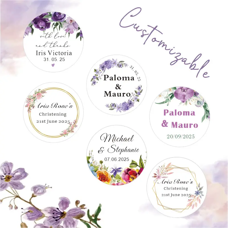 Personalized round label stickers, featuring pink, purple, and blue flowers, with customizable name and date