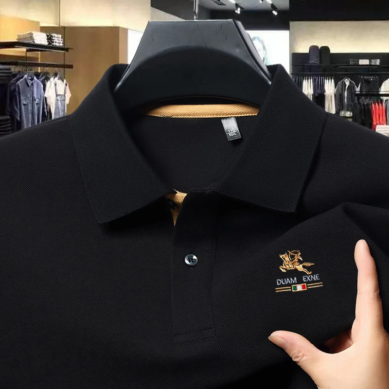 

Новинка 2025, весенняя мужская футболка из 100% хлопка из чистого хлопка, рубашка поло с длинными рукавами и вышивкой, весна и осень