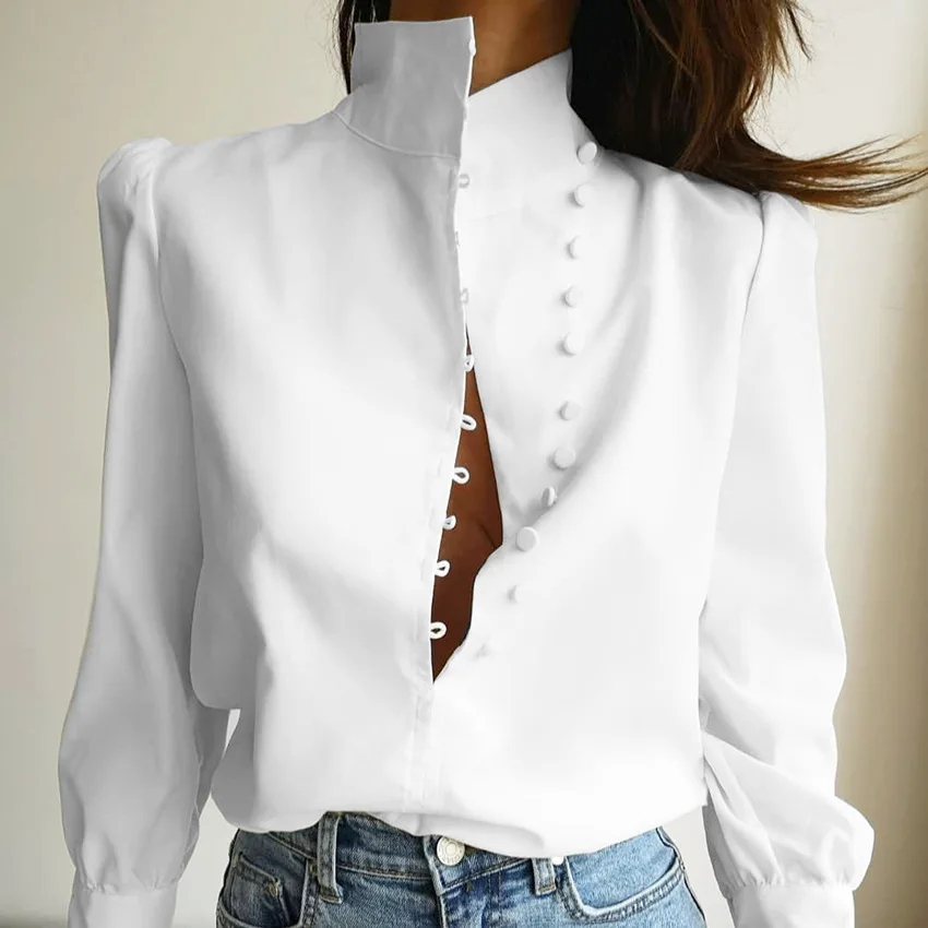 2025 New Chinese Style Shirt Top Solid Color Stand Collar Long Sleeve Loose Fit T-shirt Commuter Female Buttoned Blouse