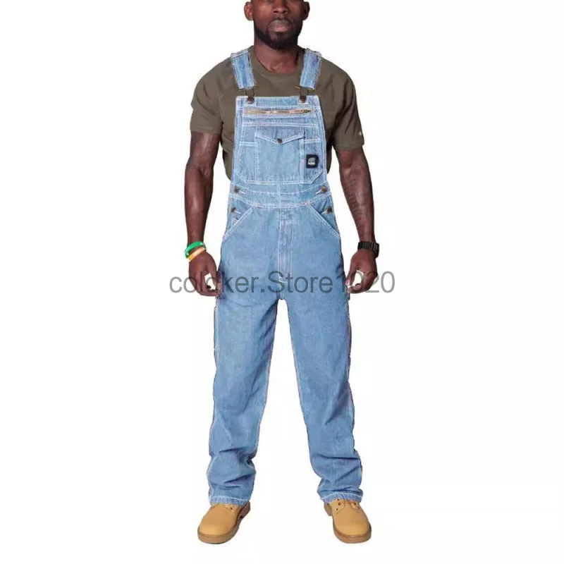 2024 Men\'s Denim Cargo Trousers Blue Multi Pocket Jumpsuit Solid Summer Fashion Splice Straight Rompers Men Casual Streetwear