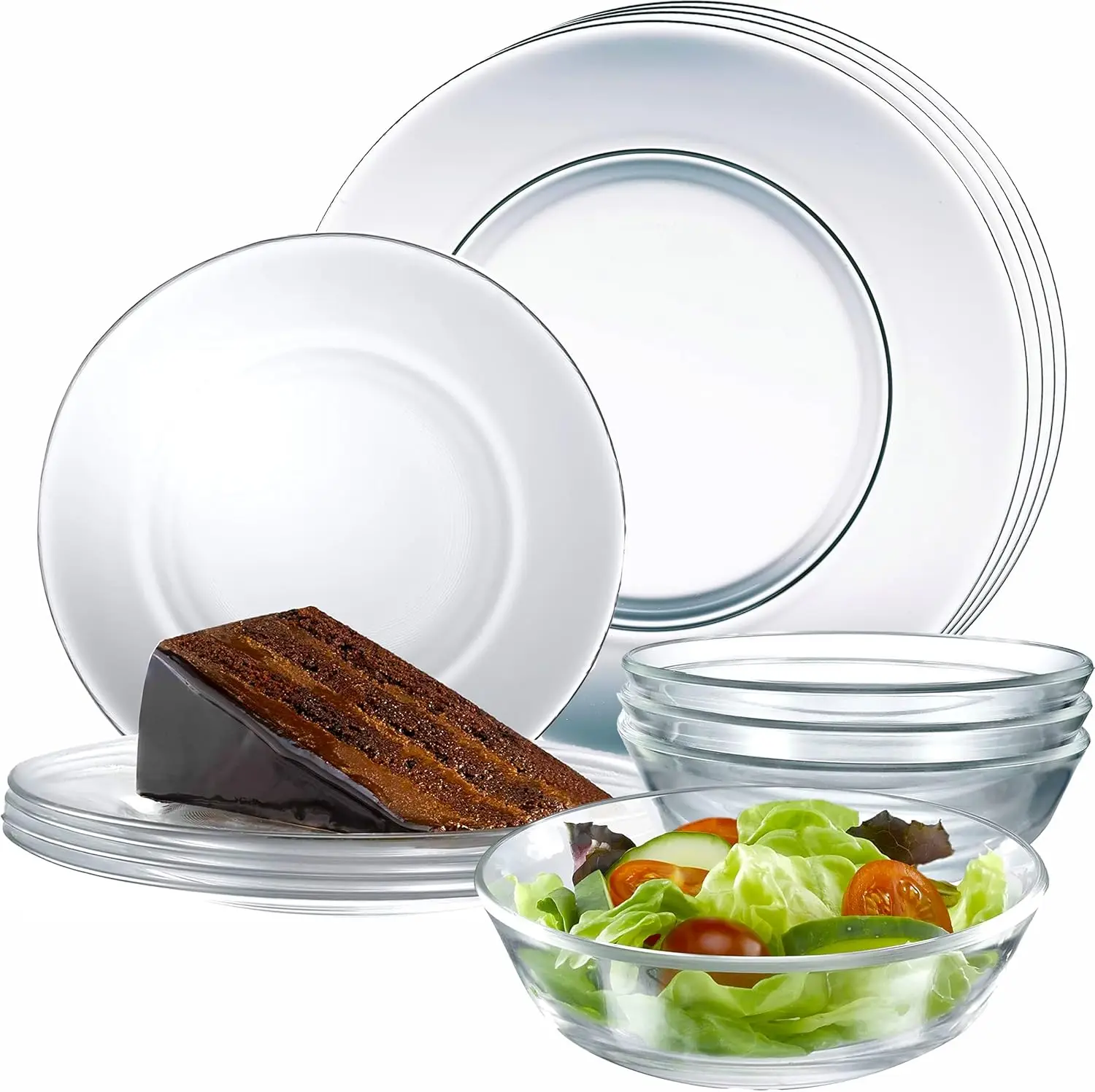 

12pc Glass Dinnerware Set - Sleek Round Clear Glass Plate and Bowl Sets - Dishwasher Safe, Bread