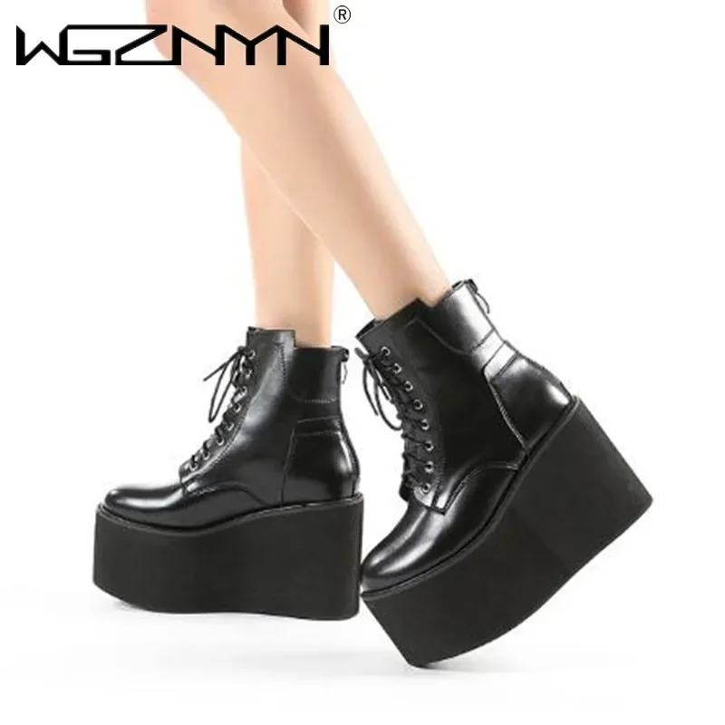 2025 Gothic Black Platform Ankle Boots Women Thick Bottom High Heels Women's Boot Punk Wedges Female Shoes Booties Woman Size 43