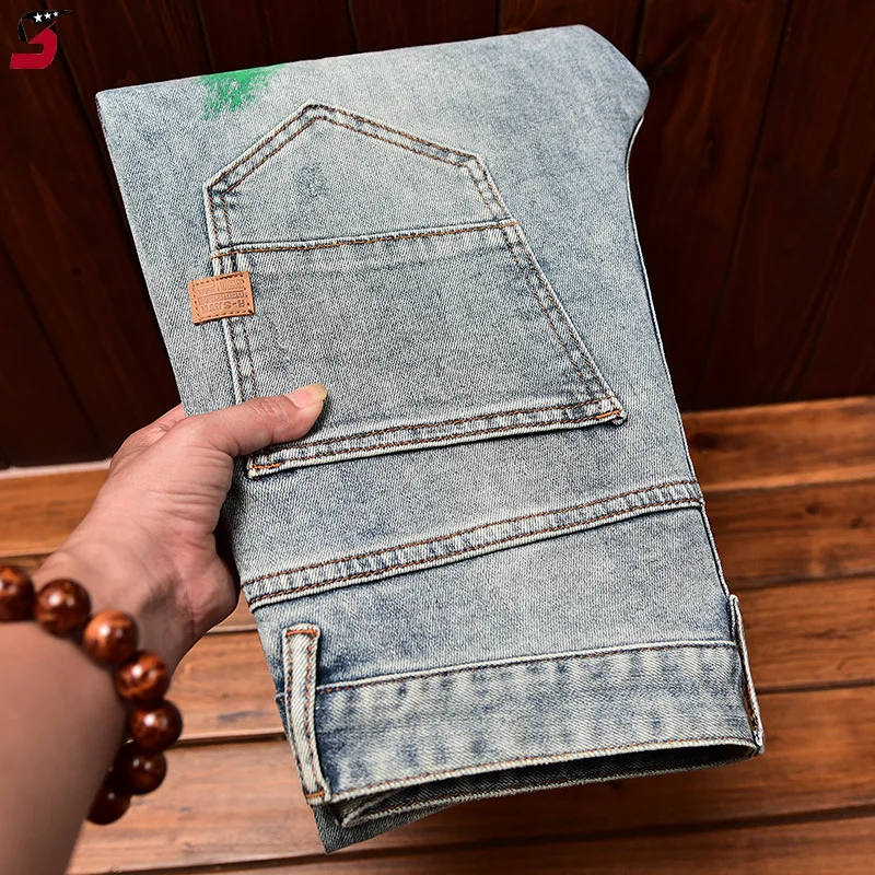 Celana Jeans Denim trendi untuk pria, celana Jin sepeda motor kelas atas, celana panjang Denim trendi santai kurus Slim Fit, ritsleting, busana musim gugur dan musim dingin