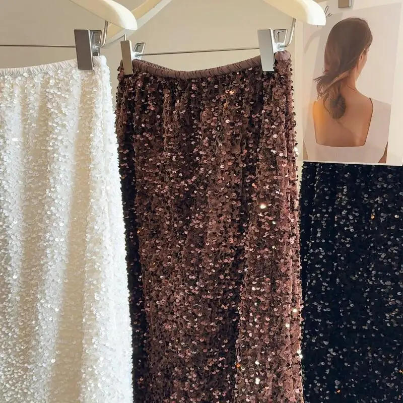 กระโปรงกำมะหยี่ปักเลื่อมผู้หญิง ฤดูใบไม้ร่วง ฤดูหนาว ใหม่ เอวสูง ทรงเอ ทรงเมอร์เมด กระโปรงทรงบอดี้คอน ความยาวปานกลาง สำหรับงานปาร์ตี้ งานราตรี สวยสง่า