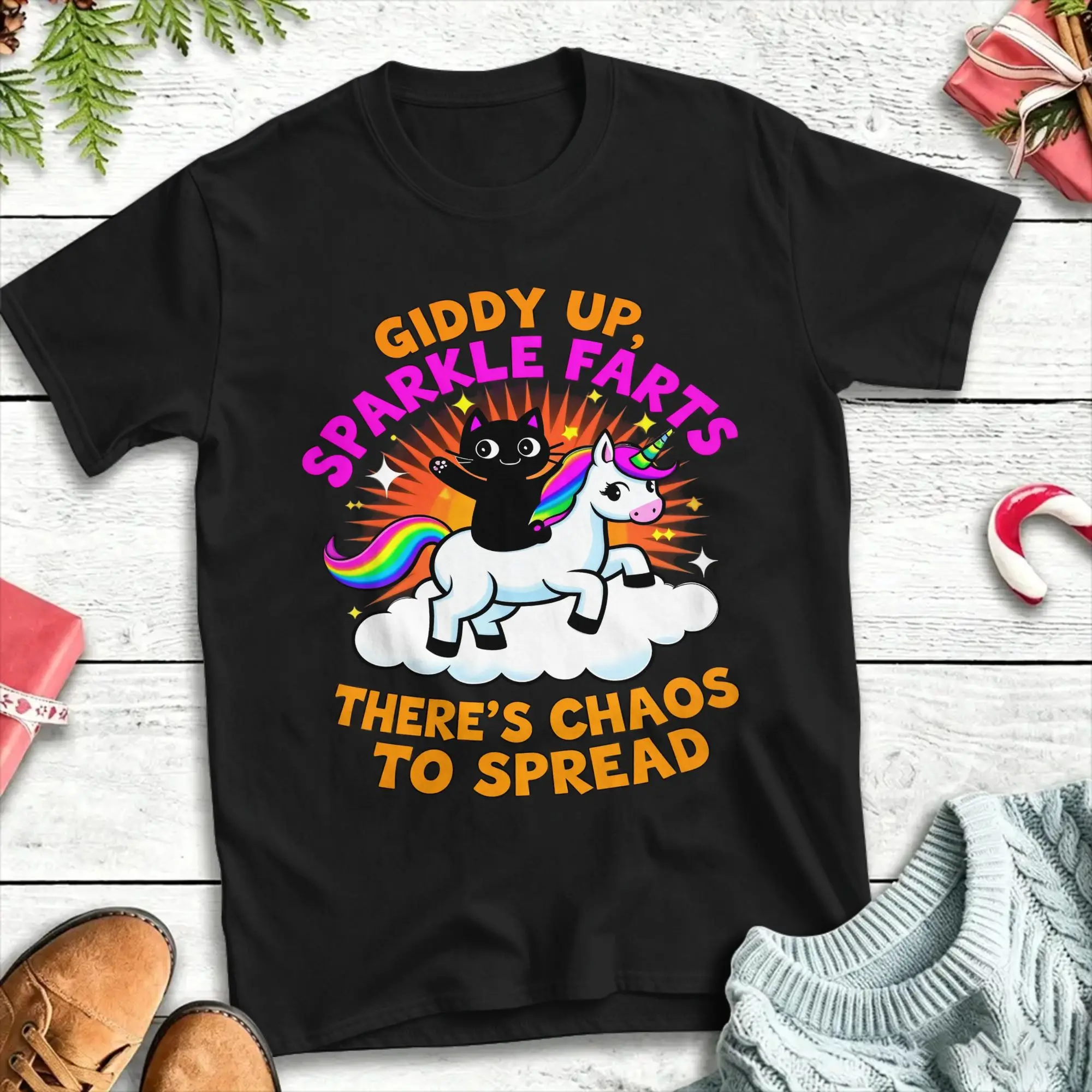 Giddy Up Sparkle Farts Theres Chaos to Spread Cat Unicorn T-Shirt For Couple Custom Logo Tee Shirt Short Sleeves Streetwear Tops